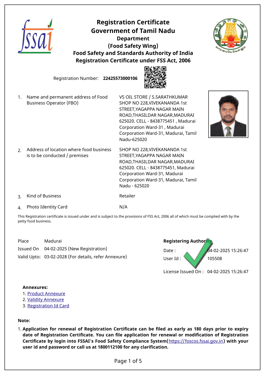 FSSAI Food Safety Retail Registration (Madurai Mill Store) Preview